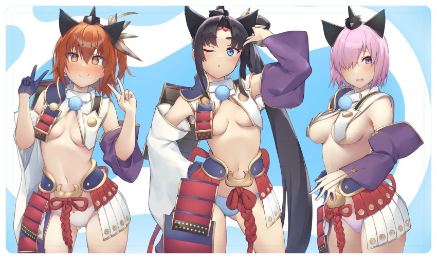 3girls, @_@, arm_up, armor, asymmetrical_sleeves, black_gloves, black_hair, blue_eyes
