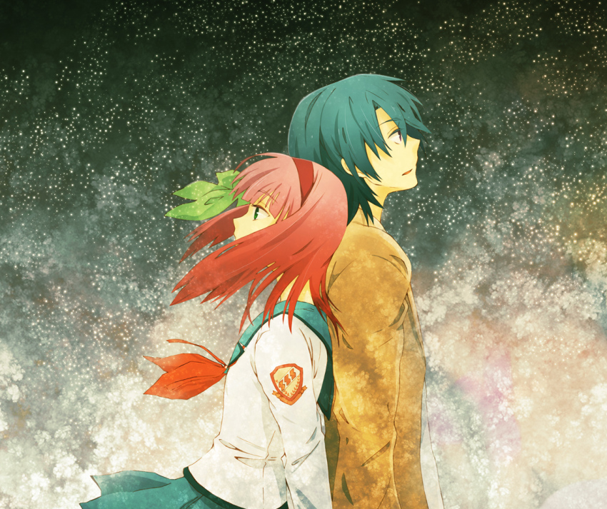 10s, 1boy, 1girl, angel_beats!, back-to-back, bad_id, bad_pixiv_id, blazer