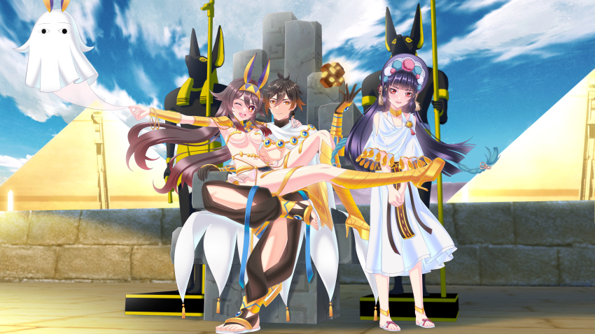 <o>_<o>, 1boy, 2girls, :|, absurdres, alternate_costume, ancient_egyptian, ancient_egyptian_clothes