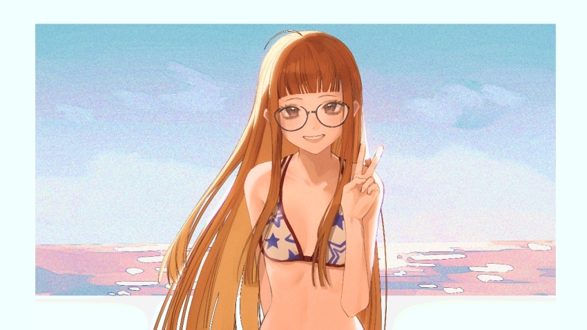 1girl, ahoge, arm_behind_back, bare_arms, bikini, bikini_top_only, black-framed_eyewear, blunt_bangs, border, breasts, brown_eyes, brown_hair, cleavage, collarbone, glasses, grin, long_hair, looking_at_viewer, natsunoren, outside_border, persona, persona_5, print_bikini, sakura_futaba, small_breasts, smile, solo, star_(symbol), star_print, star_print_bikini, straight_hair, swimsuit, upper_body, v, very_long_hair, white_bikini, white_border
