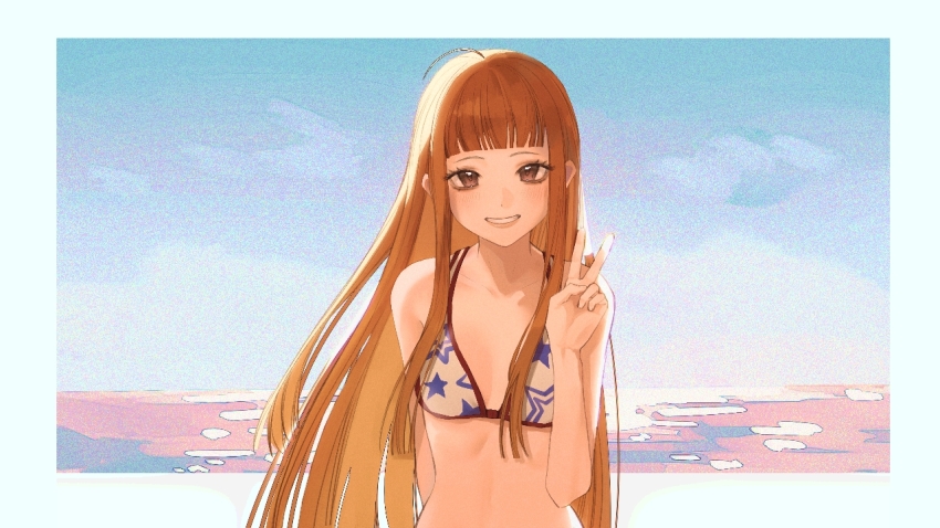 1girl, ahoge, arm_behind_back, bare_arms, bikini, bikini_top_only, blunt_bangs, border, breasts, brown_eyes, brown_hair, cleavage, collarbone, grin, long_hair, looking_at_viewer, natsunoren, outside_border, persona, persona_5, print_bikini, sakura_futaba, small_breasts, smile, solo, star_(symbol), star_print, star_print_bikini, straight_hair, swimsuit, upper_body, v, very_long_hair, white_bikini, white_border