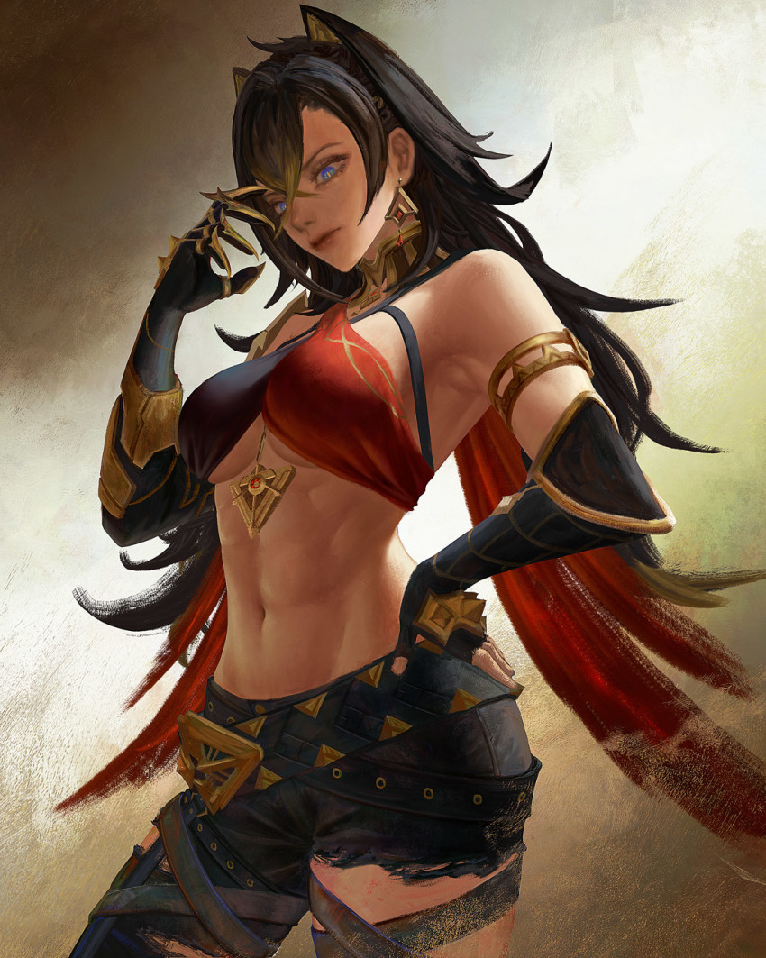 1girl, animal_ears, armlet, asymmetrical_gloves, black_gloves, black_hair, black_pants, blue_eyes, breasts, cowboy_shot, dehya_(genshin_impact), fingerless_gloves, floating_hair, flowersbloodart, genshin_impact, gloves, groin, hair_between_eyes, hand_on_own_hip, highres, jewelry, long_hair, medium_breasts, midriff, navel, pants, solo, standing, stomach, torn_clothes, torn_pants, underboob, very_long_hair