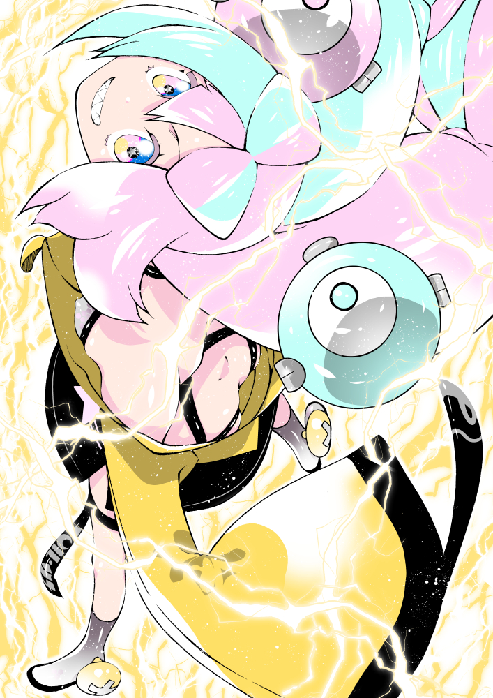 1girl, bow-shaped_hair, character_hair_ornament, hair_ornament, hexagon_print, iono_(pokemon), jacket, kuromasa_shisei