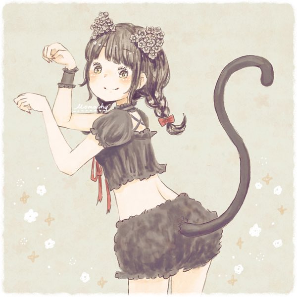 1girl, animal_ears, black_dress, black_eyes, black_hair, black_pants, black_shirt, border