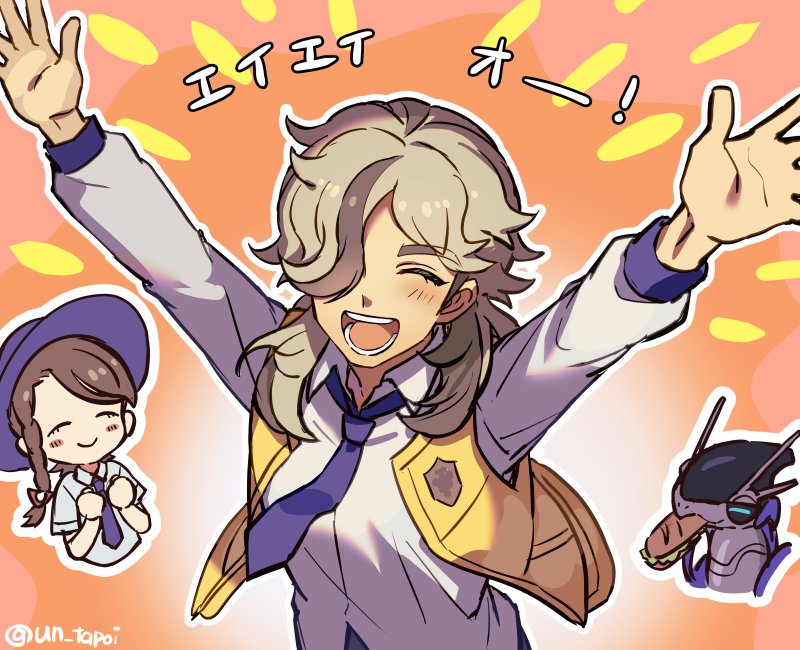 1boy, 1girl, :d, arms_up, arven_(pokemon), blush, brown_hair, closed_eyes, collared_shirt, commentary_request, eating, food, hair_over_one_eye, juliana_(pokemon), logo, long_hair, miraidon, multicolored_hair, necktie, nintendo, open_clothes, open_mouth, open_vest, outline, pokemon, pokemon_(creature), pokemon_scarlet_and_violet, purple_necktie, sandwich, shirt, smile, streaked_hair, tongue, translation_request, un_tapoi, vest, yellow_vest