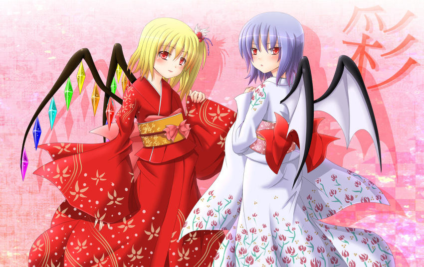 2girls, alternate_costume, bat_wings, blonde_hair, blue_hair, blush, bowed_wings, dotera, female_focus, flandre_scarlet, hanazome_dotera, japanese_clothes, kimono, lipstick, makeup, multiple_girls, missing_headwear, no_headwear, red_eyes, remilia_scarlet, short_hair, siblings, side_ponytail, sisters, touhou, wings