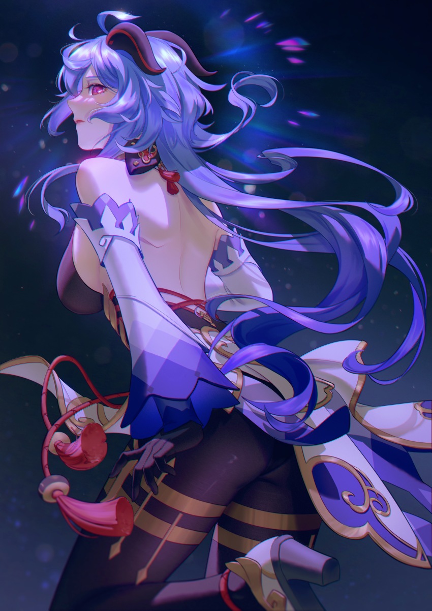 1girl, absurdres, backless_outfit, bare_back, bare_shoulders, black_gloves, black_thighhighs, blue_hair