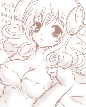 1girl, aries_(fairy_tail), arms_up, bed, bed_sheet, blush, breasts, cleavage