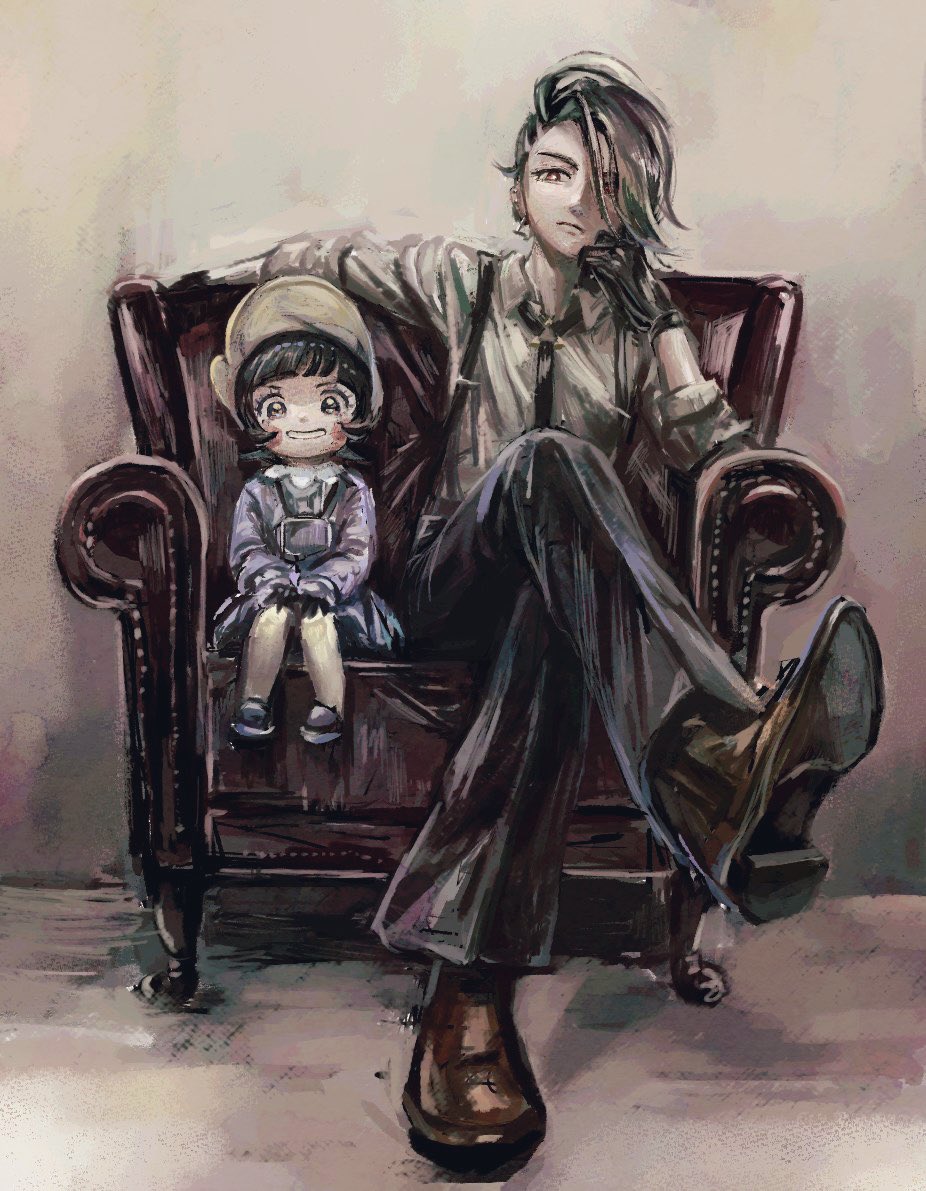 2girls, ahoge, black_gloves, black_necktie, black_pants, blunt_bangs, blush_stickers, bonnet, bright_pupils, brown_footwear, chair, closed_mouth, collared_shirt, crossed_legs, dark_green_hair, dress_shoes, ear_piercing, eyelashes, flat_chest, formal_clothes, frown, full_body, gloves, grin, hand_up, hands_on_own_knees, huge_ahoge, jewelry, katahara_(no_108105), long_sleeves, multiple_girls, necklace, necktie, nintendo, pants, pantyhose, piercing, pokemon, pokemon_scarlet_and_violet, poppy_(pokemon), purple_footwear, red_eyes, rika_(pokemon), shared_chair, shirt, short_hair, sitting, sleeves_rolled_up, smile, suspenders, white_pupils, white_shirt, yellow_pantyhose