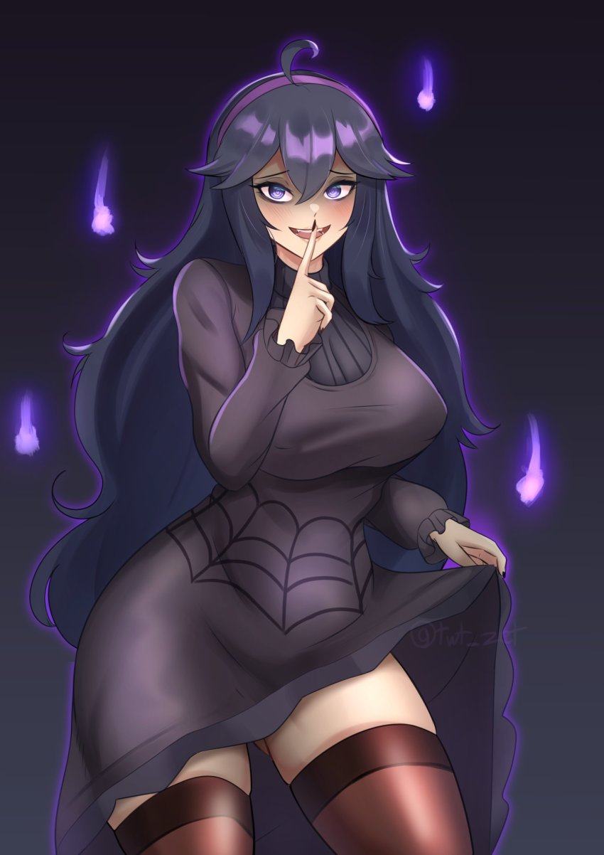 1girl, @_@, alternate_breast_size_(larger), black_dress, breasts, dress, hairband, hex_maniac_(pokemon)