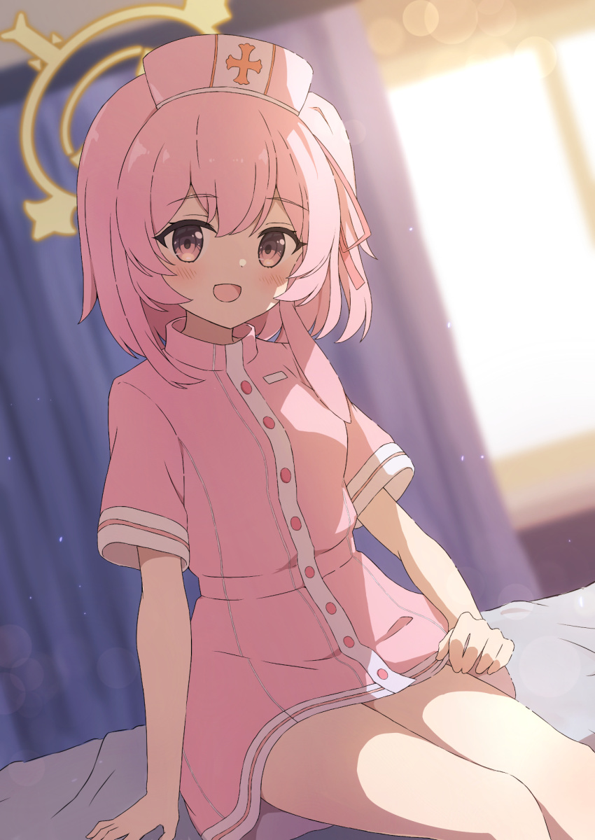 alternate_costume, blue_archive, blurry, blurry_background, blush, breasts, commentary_request, curtains, hair_between_eyes, hair_ornament, halo, hat, highres, looking_at_viewer, medium_breasts, nurse, nurse_cap, pink_eyes, pink_hair, serina_(blue_archive), serina_(nurse)_(blue_archive), sitting, thighs, tyomimas