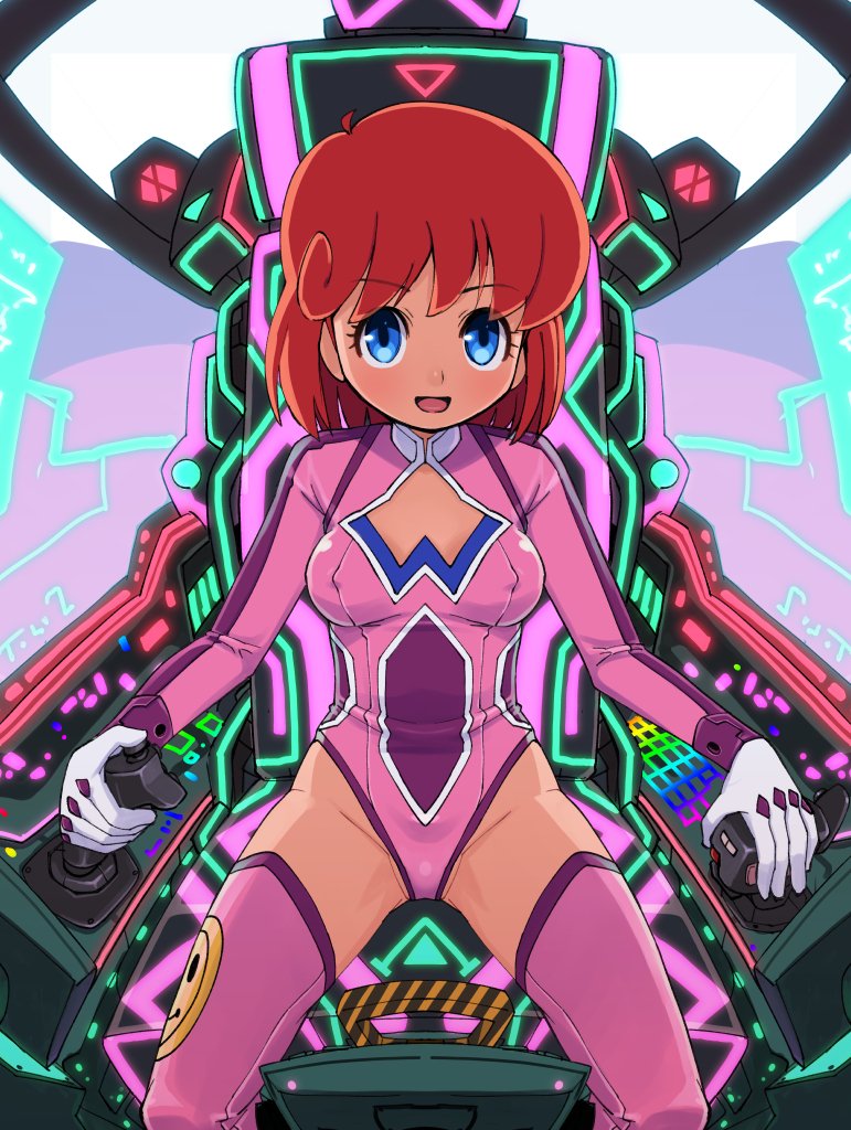 1girl, blue_eyes, breasts, center_opening, cockpit, covered_erect_nipples, gloves, groin