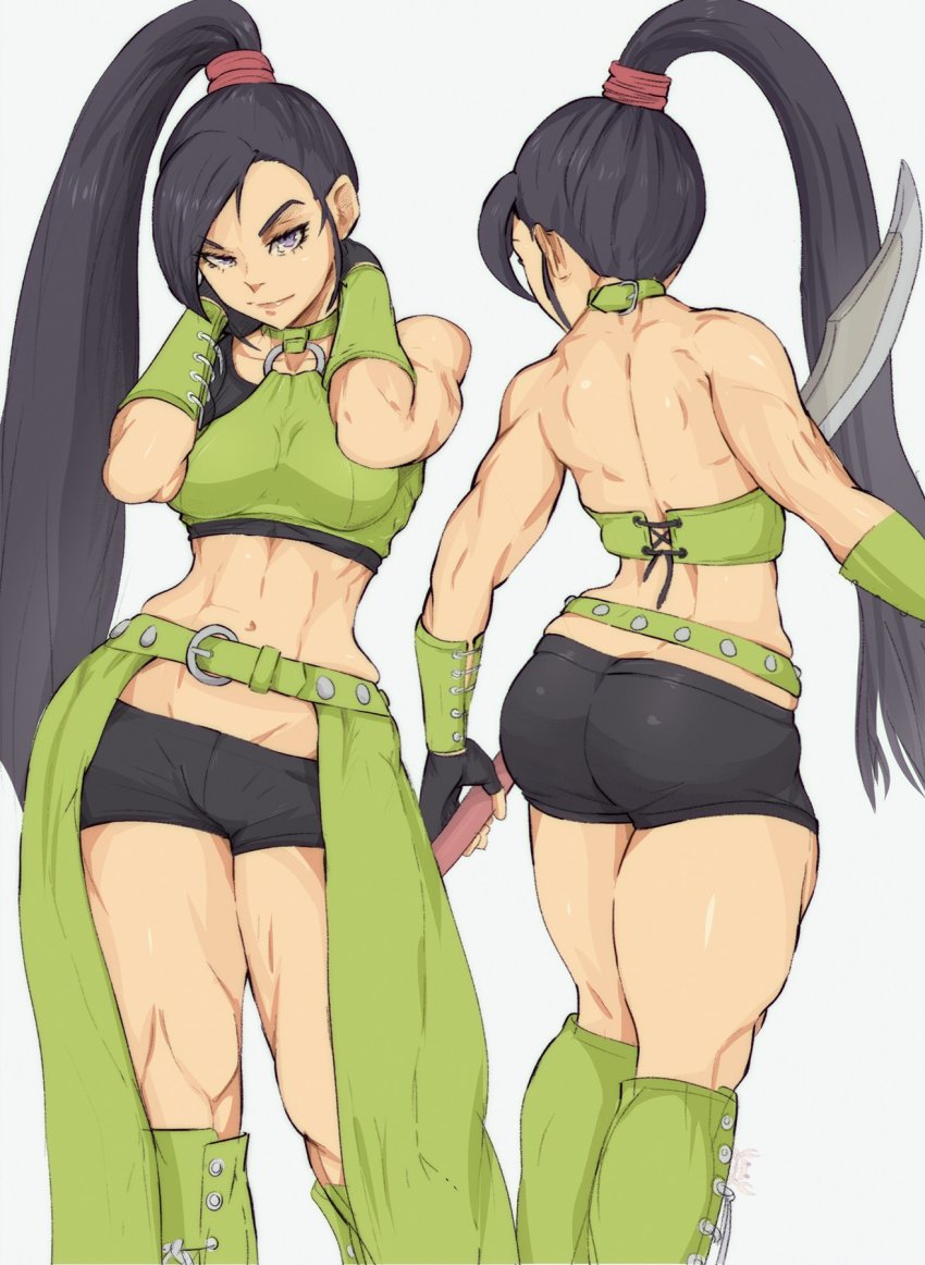 1girl, abs, ass, back, biceps, black_hair, breasts, dragon_quest