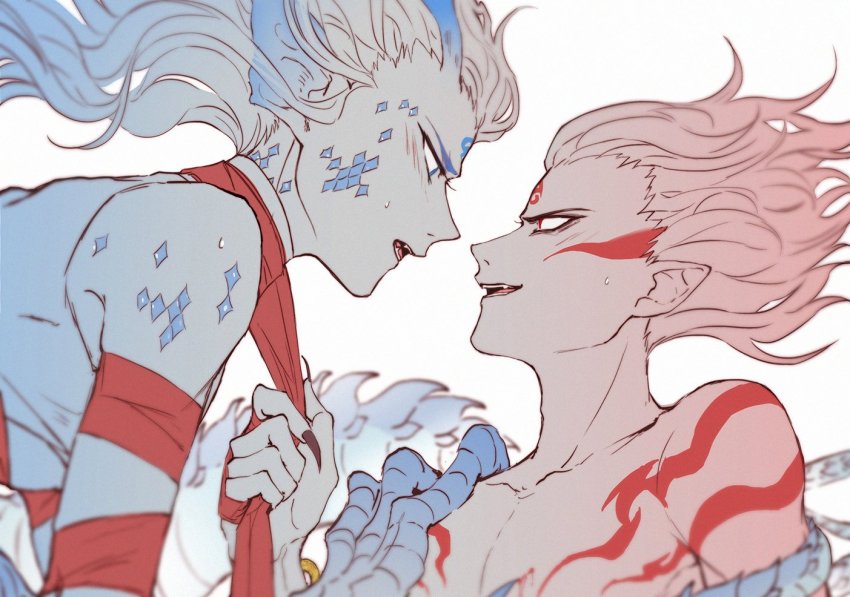 2boys, animal_hands, antlers, ao_bing, bdsm, blue_eyes, blue_scales, blue_tail, bondage, bound, chinese_commentary, claws, dragon_boy, dragon_tail, facial_mark, fingernails, forehead_mark, horns, labertry, looking_at_another, looking_to_the_side, male_focus, monster_boy, multiple_boys, multiple_monochrome, nezha, nezha_zhi_motong_jiangshi, open_mouth, pointy_ears, red_ribbon, ribbon, scales, sharp_fingernails, short_hair, spot_color, tail, tail_wrap, yaoi