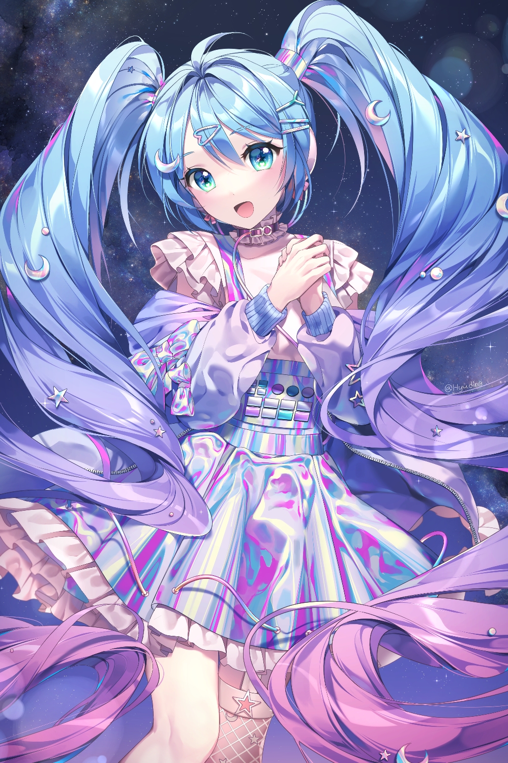 blue_eyes, blue_hair, bow, collar, crescent_moon, crescent_moon_hair_ornament, detached_sleeves, digital_stars_miku