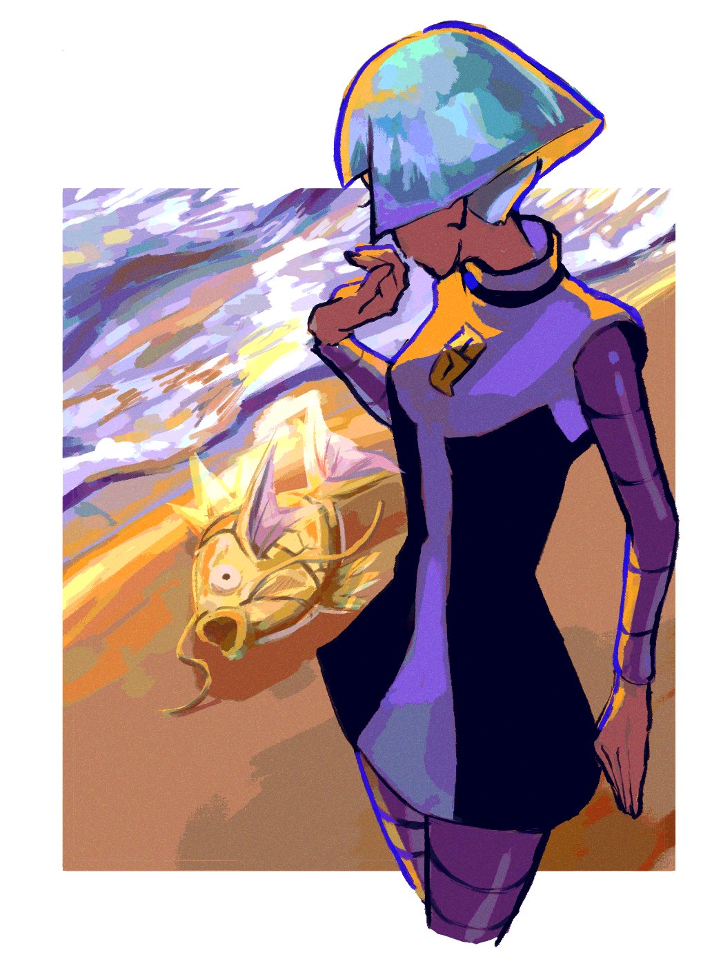 1girl, alternate_color, black_dress, blue_hair, blunt_bangs, bob_cut, dress, gen_1_pokemon