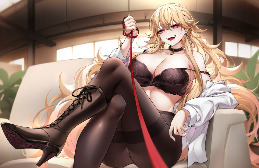 absurdres, ass, bare_shoulders, black_boots, black_bra, blonde_hair, boots, bow, bow_bra, bra, breasts, casul, choker, cleavage, collarbone, couch, cross-laced_footwear, crossed_legs, diamond-shaped_pupils, diamond_(shape), earrings, eiyuu_densetsu, fangs, floral_print, hair_between_eyes, high_heel_boots, high_heels, highres, indoors, jewelry, large_breasts, leash, lingerie, long_hair, messy_hair, open_clothes, open_mouth, open_shirt, pantyhose, pov, purple_eyes, roselia_millstein, sen_no_kiseki, sen_no_kiseki_(series), sen_no_kiseki_i, sen_no_kiseki_iv, sitting, smile, soles, strap_slip, symbol-shaped_pupils, thick_eyelashes, thighband_pantyhose, underwear, very_long_hair, viewer_on_leash