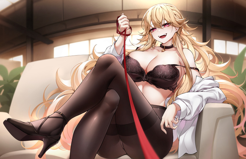 absurdres, ass, bare_shoulders, black_bra, black_footwear, blonde_hair, bow, bow_bra