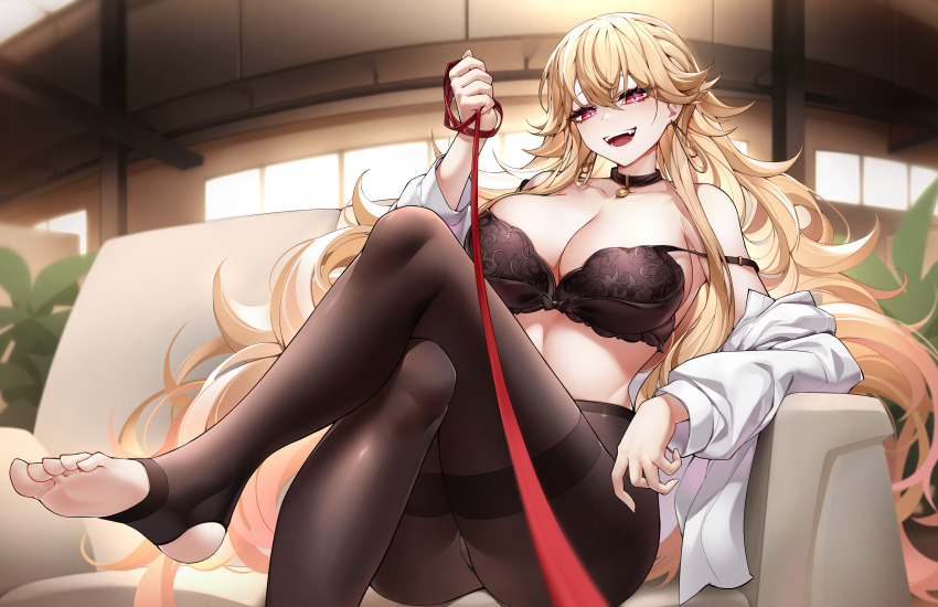 absurdres, ass, bare_shoulders, black_bra, blonde_hair, bow, bow_bra, bra, breasts, casul, choker, cleavage, collarbone, couch, crossed_legs, diamond-shaped_pupils, diamond_(shape), earrings, eiyuu_densetsu, fangs, hair_between_eyes, highres, indoors, jewelry, large_breasts, leash, lingerie, long_hair, messy_hair, open_clothes, open_mouth, open_shirt, pantyhose, pov, purple_eyes, roselia_millstein, sen_no_kiseki, sen_no_kiseki_(series), sen_no_kiseki_i, sen_no_kiseki_iv, sitting, smile, soles, strap_slip, symbol-shaped_pupils, thick_eyelashes, thighband_pantyhose, toes, underwear, very_long_hair, viewer_on_leash