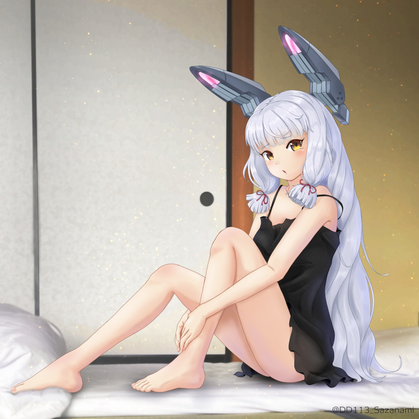 1girl, absurdres, ass, barefoot, black_dress, blush, dress, feet, grey_hair, hair_ribbon, headgear, highres, kantai_collection, legs, long_hair, murakumo_(kancolle), parted_lips, red_ribbon, ribbon, sliding_doors, solo, sorairo_haruka, tatami, toenails, toes, tress_ribbon, twitter_username, yellow_eyes