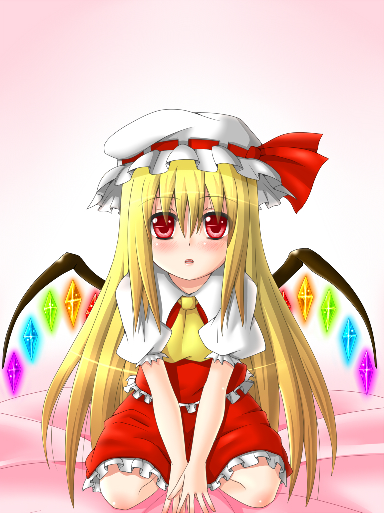 1girl, alternate_hairstyle, bed, blonde_hair, dotera, female_focus, flandre_scarlet, hanazome_dotera