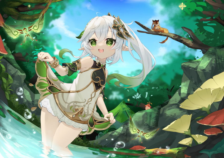1girl, :d, aranara_(genshin_impact), bloomers, blue_sky, blurry, bracelet, clothes_lift, cloud, cloudy_sky, commentary_request, crystalfly_(genshin_impact), depth_of_field, detached_sleeves, dress, dress_lift, ebichiri_sunday, fisheye, forest, genshin_impact, gradient_hair, green_eyes, hair_between_eyes, hair_ornament, highres, in_water, jewelry, lifting_own_clothes, long_hair, looking_at_viewer, multicolored_hair, mushroom, nahida_(genshin_impact), nature, open_mouth, pointy_ears, rishboland_tiger_(genshin_impact), short_sleeves, side_ponytail, sidelocks, sky, smile, symbol-shaped_pupils, tiger, tree, underwear, white_dress, white_hair