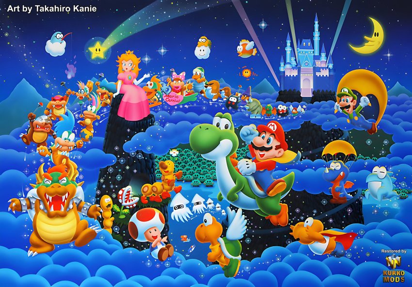 2girls, 6+boys, blargg, blonde_hair, blooper_(mario), boo_(mario), bowser, brown_hair, cape, cape_luigi, cape_mario, castle, cheep_cheep, claws, crown, dinosaur, dolphin_(mario), dress, eerie_(super_mario_world), evil_grin, evil_smile, facial_hair, fishing_boo, flying, fuzzy, gloves, goomba, grin, hammer_bro, hat, highres, horns, iggy_koopa, koopa_paratroopa, koopalings, lakitu, larry_koopa, laughing, lemmy_koopa, lil_sparky, ludwig_von_koopa, luigi, magikoopa, mario, mario_(series), mecha-koopa, mega_mole, monty_mole, moon, morton_koopa_jr., multiple_boys, multiple_girls, mustache, night, ninji, nintendo, official_art, paragaloomba, pink_dress, piranha_plant, pokey_(mario), princess_peach, red_hair, resized, rex_(mario), reznor, roy_koopa, sitting, sky, smile, super_koopa, super_mario_world, super_star_(mario), swoop_(mario), toad_(mario), upscaled, wand, wendy_o._koopa, wiggler, wings, yoshi