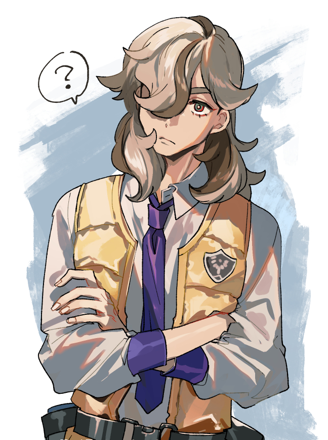 1boy, ?, arven_(pokemon), brown_hair, collared_shirt, crossed_arms, hair_over_one_eye, kyouichi, long_hair, male_focus, multicolored_hair, necktie, nintendo, pokemon, pokemon_scarlet_and_violet, purple_necktie, school_uniform, shirt, speech_bubble, uva_academy_school_uniform, vest, white_shirt, yellow_vest