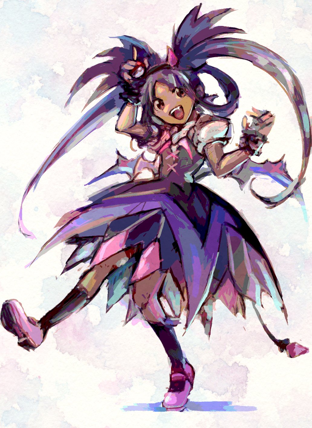 1girl, :d, black_hairband, black_socks, dark-skinned_female, dark_skin, dress, fake_horns