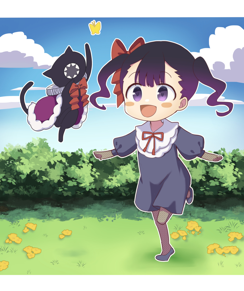 1girl, black_cat, black_dress, black_hair, blue_dress, blush, bow, cat