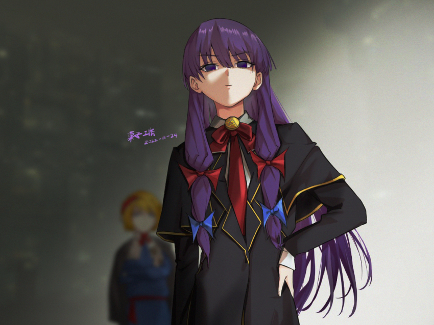 2girls, alice_margatroid, black_coat, blonde_hair, blue_bow, blue_dress, blurry, blurry_background, bow, bowtie, closed_mouth, coat, commentary_request, cookie_(touhou), cowboy_shot, dated, dress, dual_persona, empty_eyes, expressionless, flat_chest, hair_between_eyes, hairband, hand_on_own_hip, kakae_tt, long_hair, looking_at_viewer, multi-tied_hair, multiple_girls, necktie, patchouli_knowledge, purple_eyes, purple_hair, red_bow, red_bowtie, red_hairband, red_necktie, shirt, short_hair, solo_focus, taisa_(cookie), touhou, very_long_hair, white_shirt