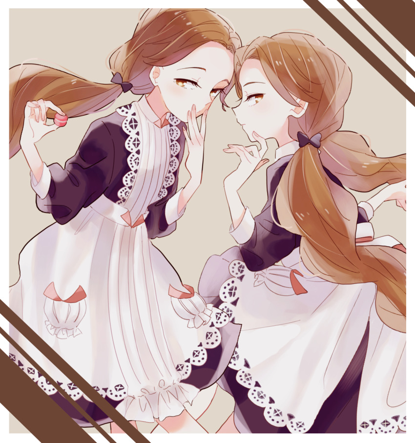 2girls, apron, belle_(shadows_house), blue_dress, blush, dress, food, hand_on_own_face, highres, holding, kohori, long_hair, looking_at_viewer, looking_back, low_twintails, macaron, multiple_girls, open_mouth, pocket, shadows_house, siblings, sisters, sweets, twins, twintails, white_apron, yellow_eyes