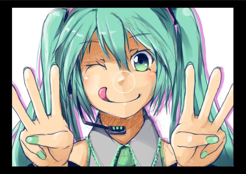 1girl, :q, absurdres, aqua_eyes, aqua_hair, black_border, blush, border