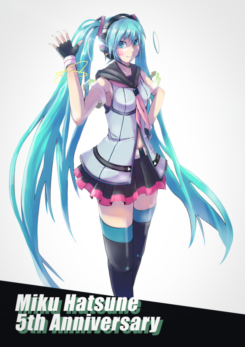 1girl, anniversary, belt, black_boots, black_gloves, black_skirt, blue_eyes, blue_hair