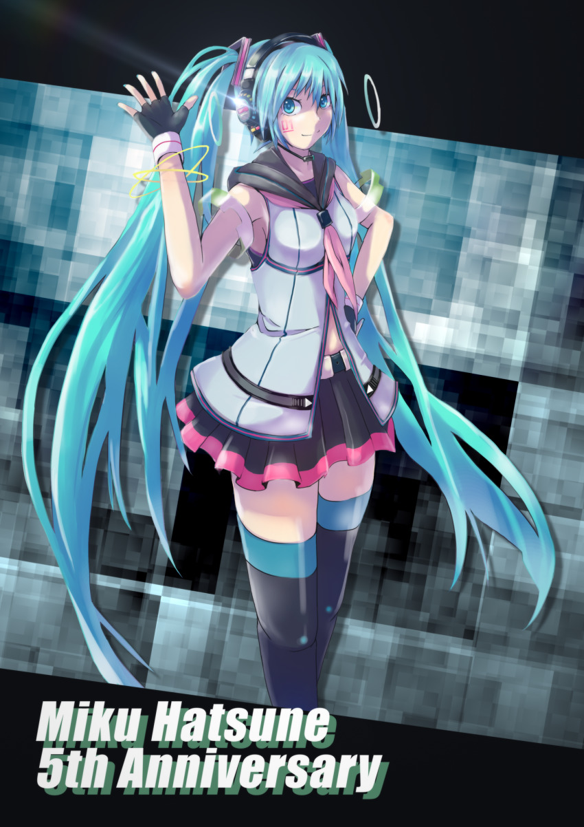 1girl, anniversary, belt, black_footwear, black_gloves, black_skirt, blue_eyes, blue_hair