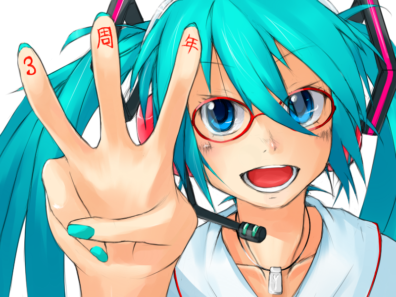 1girl, bespectacled, blue_eyes, blue_hair, blue_nails, blush, body_writing, boru_(ochagashi), commentary_request, finger_counting, glasses, hair_between_eyes, hair_ornament, hatsune_miku, hatsune_miku_(natural), headset, hood, hoodie, jewelry, looking_at_viewer, nail_polish, necklace, open_mouth, portrait, red-framed_eyewear, simple_background, smile, solo, twintails, vocaloid, w, white_background, white_hoodie