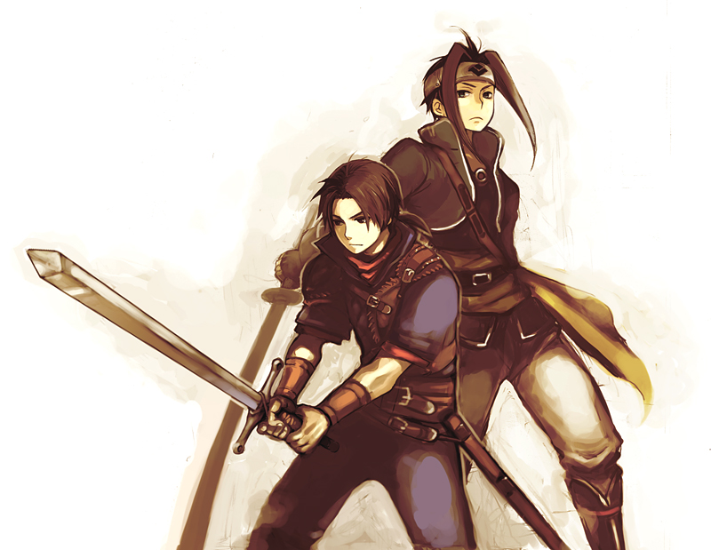2boys, armor, bad_id, bad_pixiv_id, belcoot_(suikoden), belt, boots, bracer