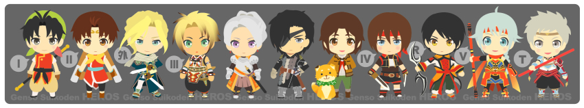 1girl, 6+boys, armor, bandana, black_hair, blue_eyes, brown_hair, chibi