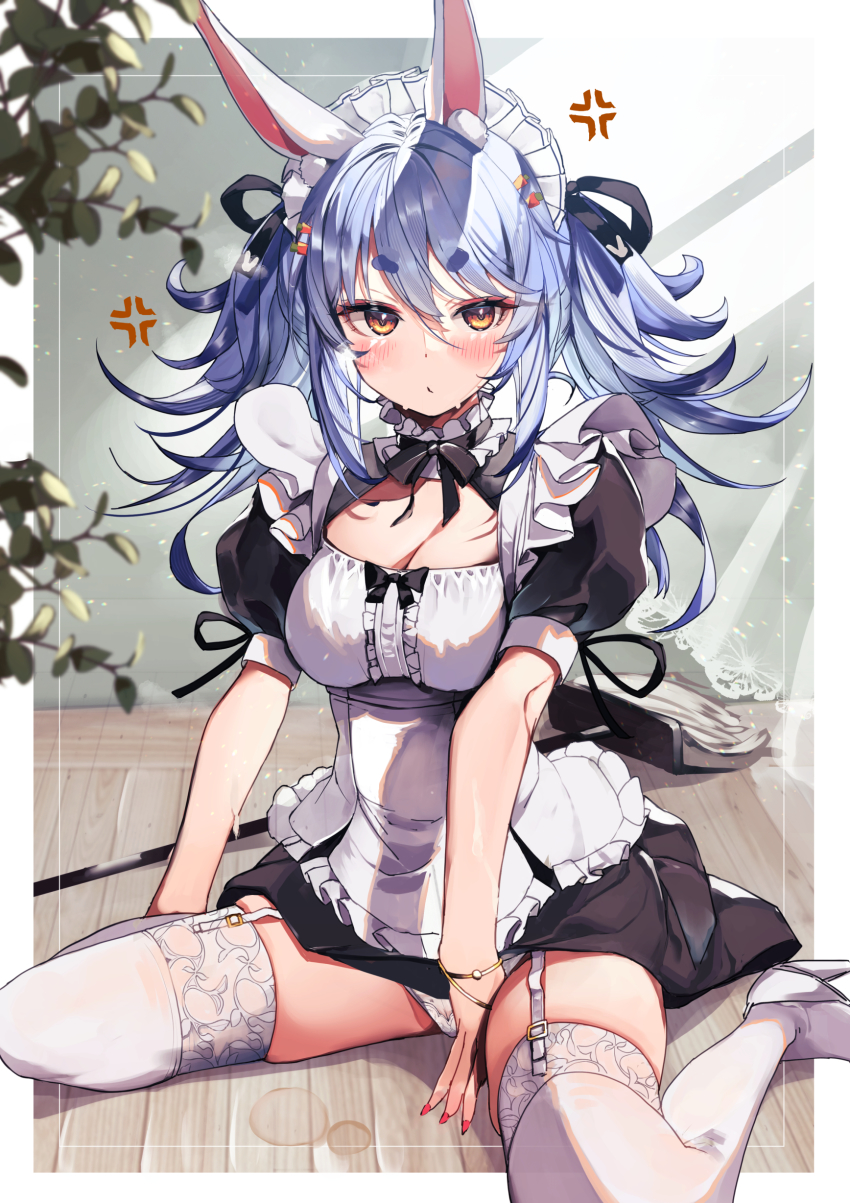 1girl, absurdres, anger_vein, animal_ears, apron, black_dress, blue_hair, breasts