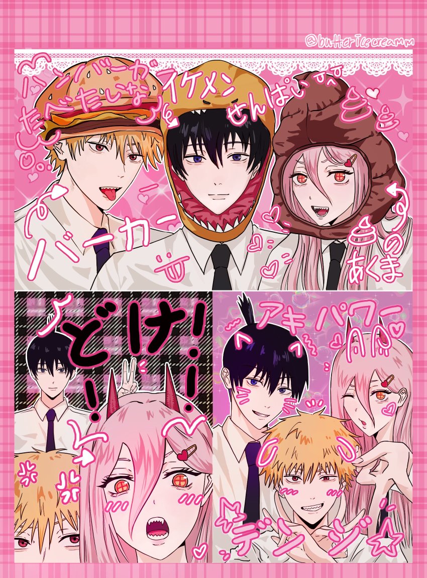 1girl, 2girls, black_hair, black_necktie, blonde_hair, blue_eyes, burger_hat, buttericecreamm