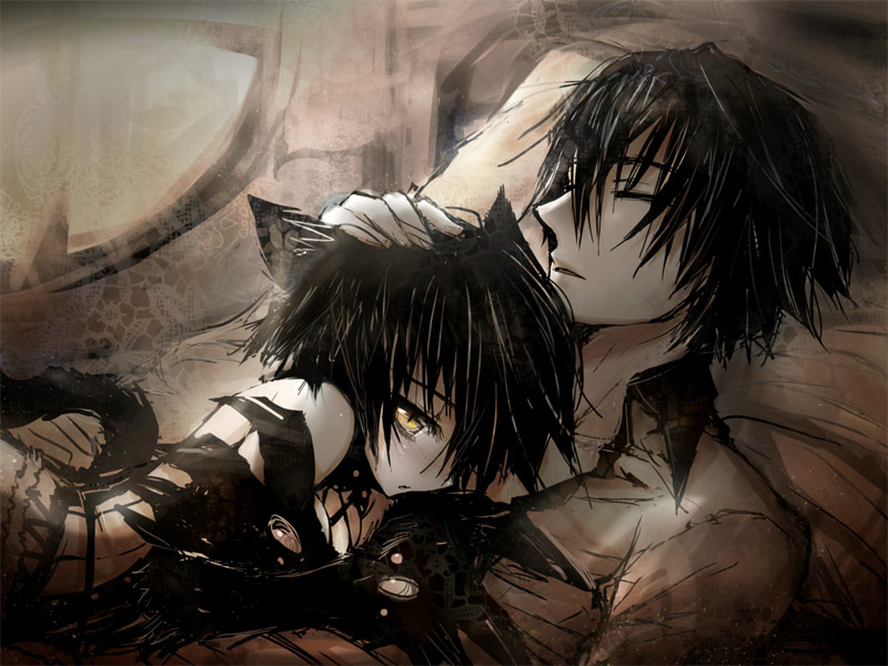 animal_ears, ati, black_hair, cat_ears, claws, cuddling, gii, gii_(sekien_no_inganock), sekien_no_inganock, short_hair, steampunk_(liarsoft), yellow_eyes