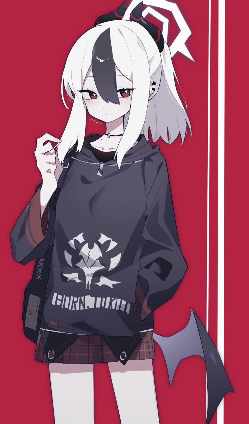 black_hoodie, blue_archive, choker, collarbone, demon_horns, demon_wings, earclip, halo