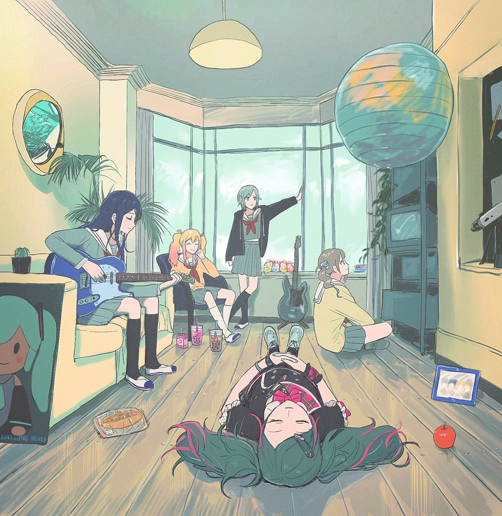 album_cover_redraw, apple, bass_guitar, black_jacket, black_socks, blue_hair, bow, bowtie