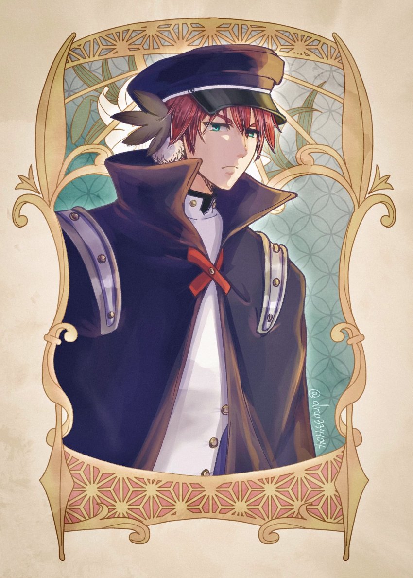 1boy, animal_ears, aquaplus, blue_eyes, cape, closed_mouth, drw334, hair_between_eyes