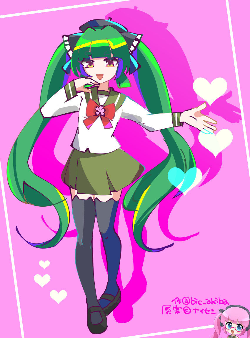 2girls, absurdres, akiba-tan, black_socks, green_hair, green_skirt, highres, long_hair