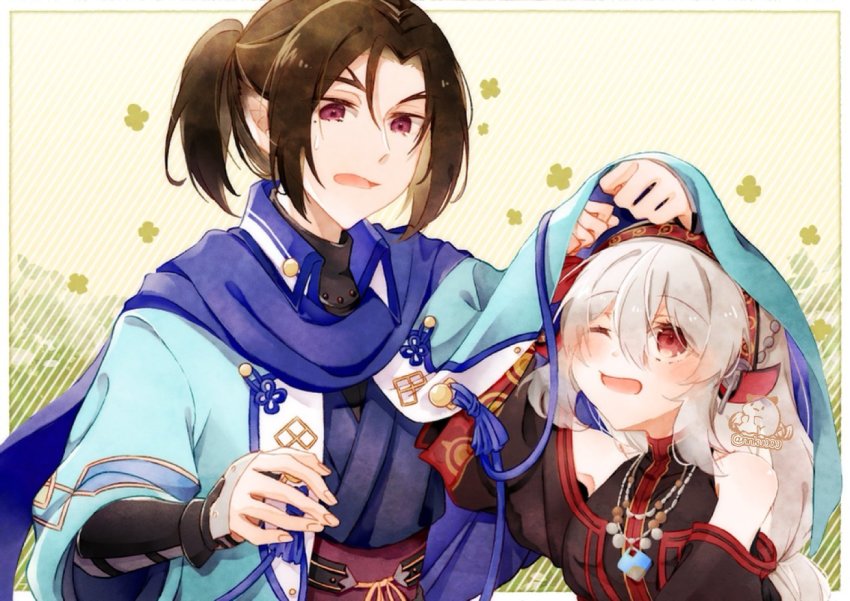 1boy, 1girl, aged_down, ainu_clothes, aquaplus, bare_shoulders, black_dress, blue_scarf, braid, breasts, brown_hair, cloak, dress, eyelashes, gauntlets, hair_between_eyes, hair_ornament, hairband, height_difference, jewelry, long_hair, looking_at_another, medium_breasts, mole, mole_under_eye, monochrome_mobius, necklace, nnku000, nose, off_shoulder, one_eye_closed, open_mouth, pointy_ears, ponytail, purple_eyes, raised_eyebrows, red_eyes, sash, scarf, shunya, sidelocks, signature, single_braid, sleeveless, sweatdrop, ukon_(utawarerumono), utawarerumono, utawarerumono:_itsuwari_no_kamen, very_long_hair, white_hair, wide_sleeves