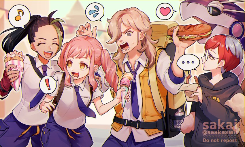 ..., 1boy, 3girls, :d, alternate_hair_color, arven_(pokemon), breast_pocket, closed_eyes