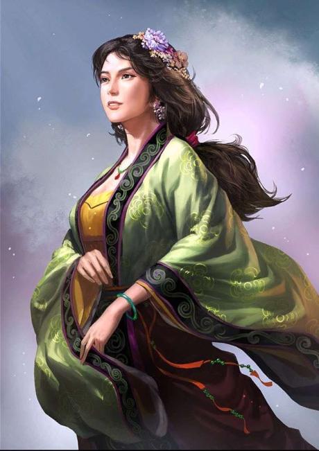 black_hair, chinese_clothes, copyright_notice, dark_eye, flower, flower_on_head, omance_of_the_three_kingdoms_(game), tagme