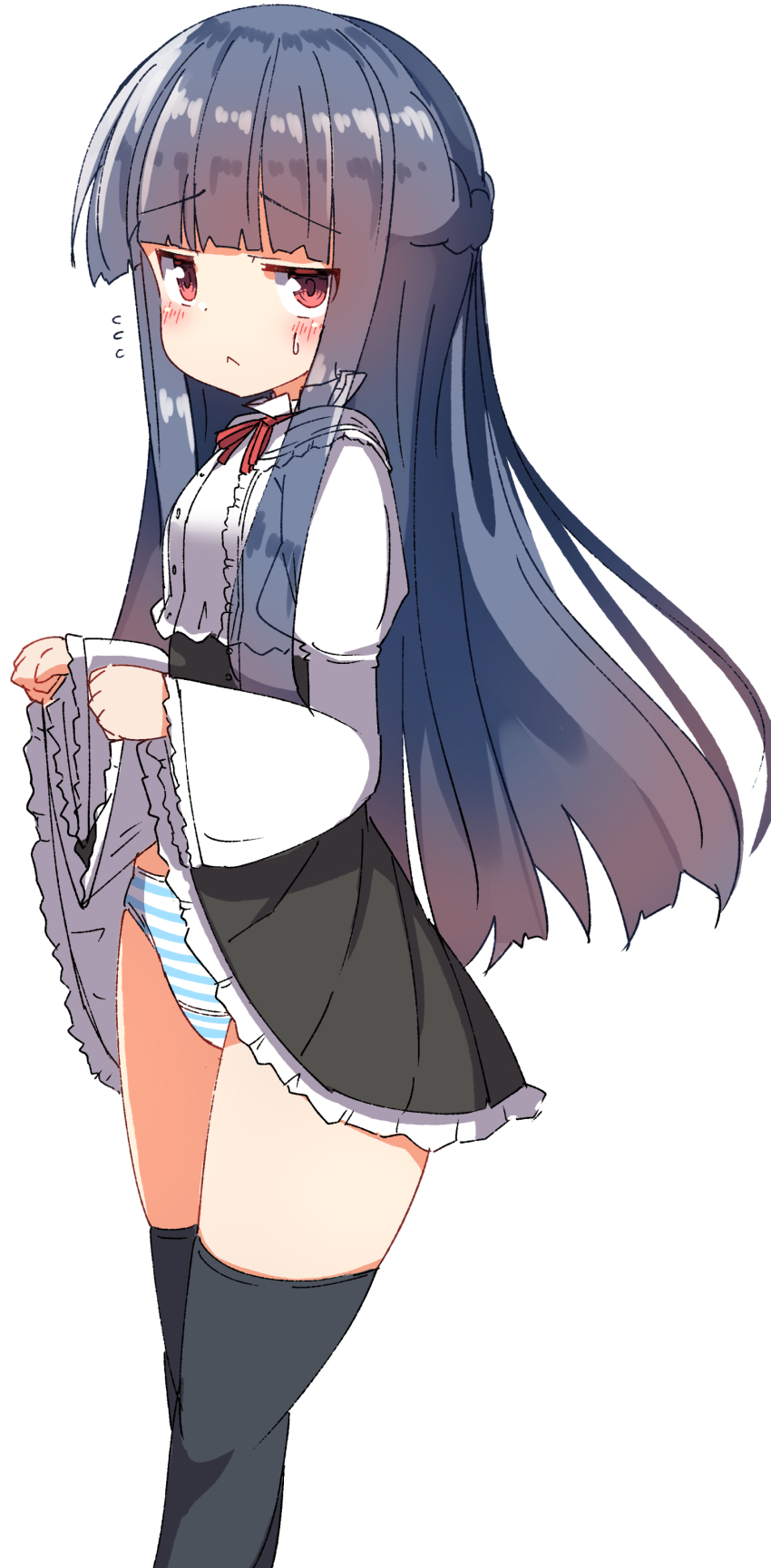 1girl, :<, absurdres, black_hair, black_skirt, black_thighhighs, blush, braid