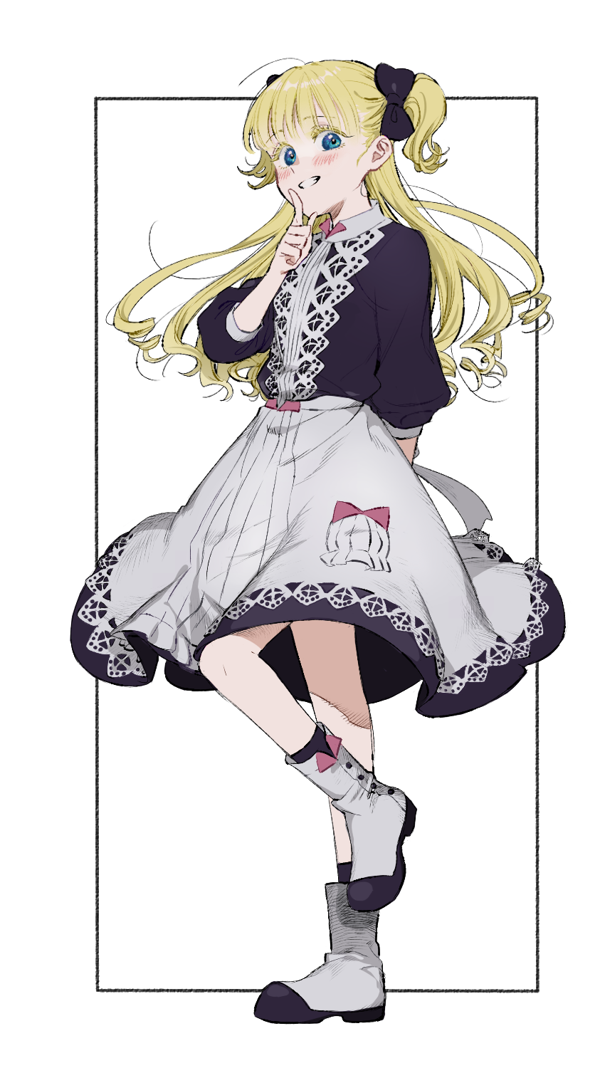 1girl, akinashi_0227, apron, blonde_hair, blue_bow, blue_dress, blue_eyes, blunt_bangs, bow, dress, emilico_(shadows_house), finger_to_mouth, full_body, hair_bow, highres, long_hair, looking_at_viewer, open_mouth, shadows_house, shushing, smile, solo, two_side_up, white_apron